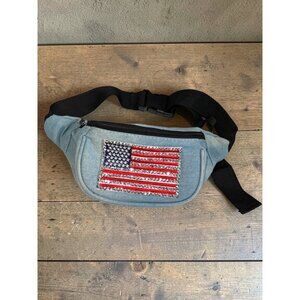 American Flag Denim Fanny Pack With Rhinestone Accents Adjustable Strap And Zipp